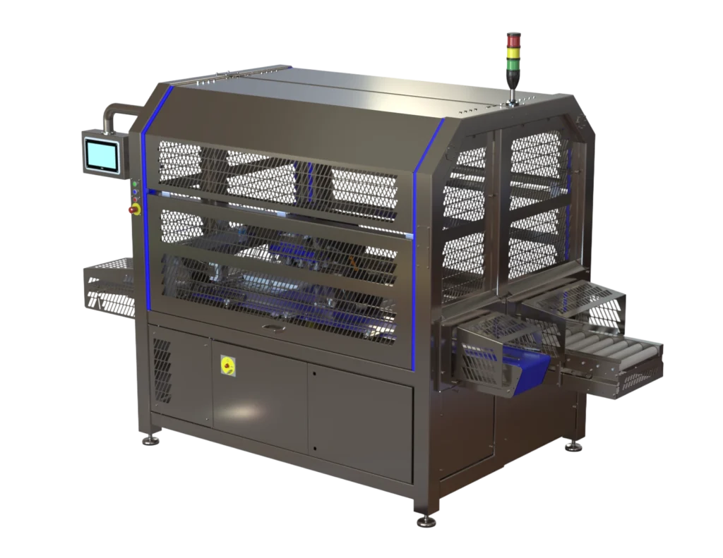 Automatische Sismation-krattenopzetter voor het ontstapelen en opzetten van kunststof kratten binnen een industriële verpakkingslijn.