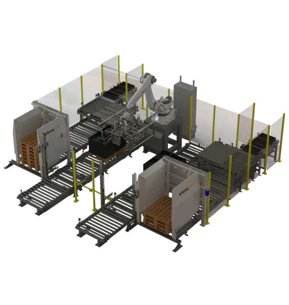 Robotgestuurde palletiseerlijn met transportbanden en palletmagazijnen voor het automatisch stapelen van producten op pallets.