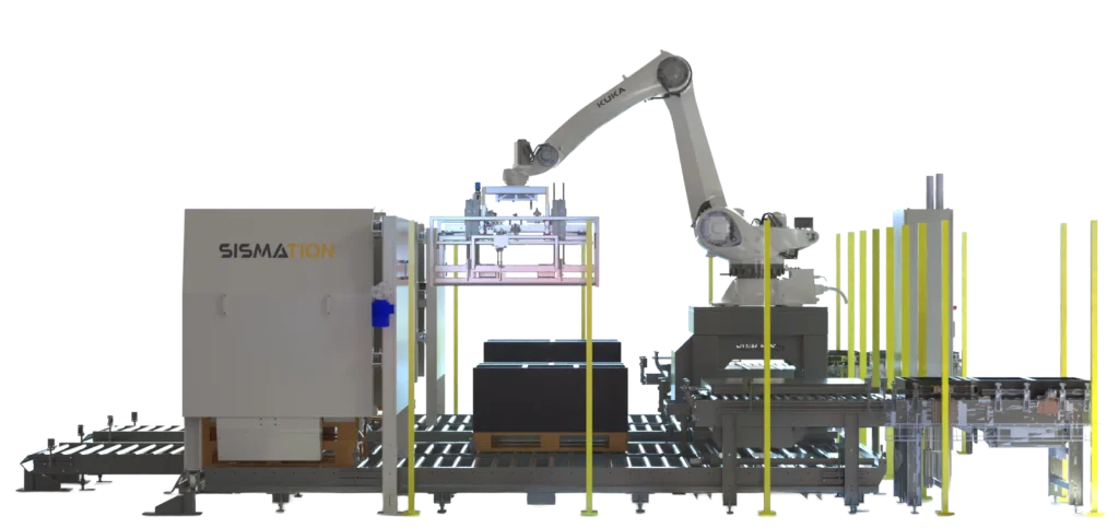 Robotpalletiseerder voor het automatisch stapelen van producten op pallets binnen een industriële verpakkingslijn.