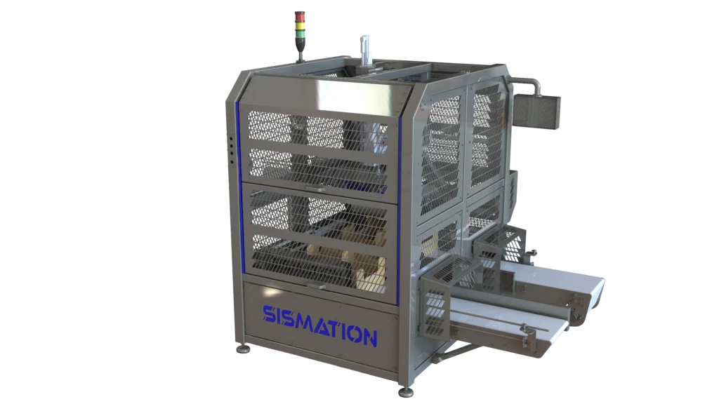 Automatische Sismation-krattenopzetter voor het ontstapelen en opzetten van kunststof kratten binnen een industriële verpakkingslijn.