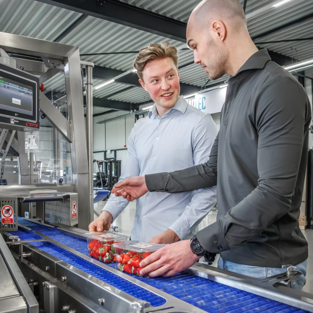 Twee medewerkers controleren verpakte aardbeien bij een geautomatiseerde AGF-verpakkingslijn.