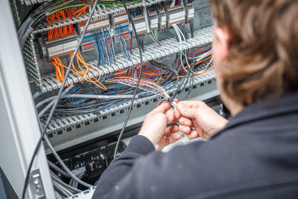 Monteur werkt aan de bekabeling van een besturingskast voor industriële machines.