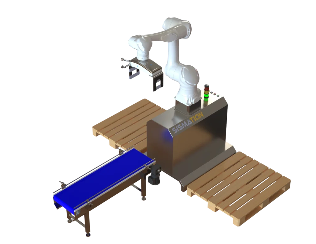 Sismation-cobotpalletiseerder voor het automatisch stapelen van producten op pallets binnen een industriële verpakkingslijn.
