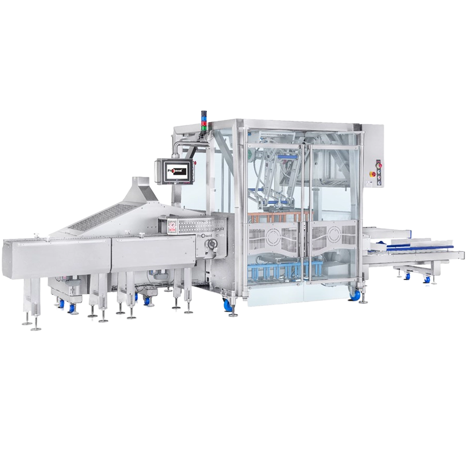 Proseal automatische casepacker voor het verpakken van gesealde trays in dozen binnen een industriële verpakkingslijn.