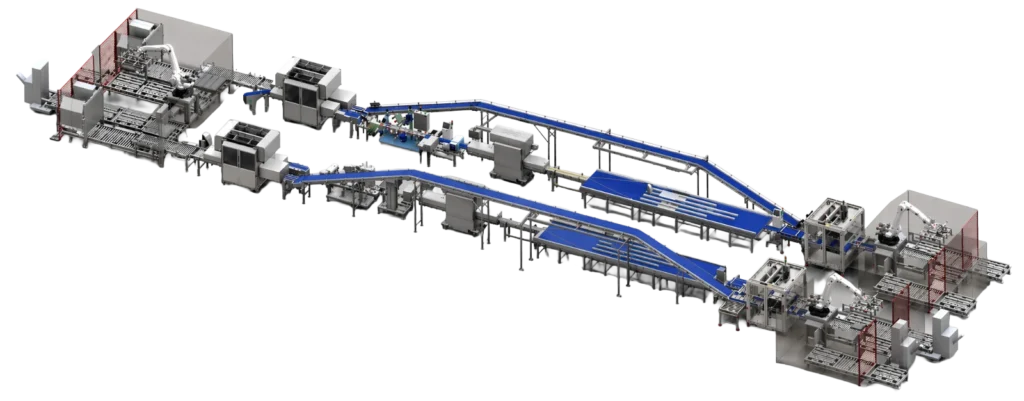 Complete geautomatiseerde verpakkingslijn met traysealers, transportsystemen, casepackers en robotpalletiseerders.
