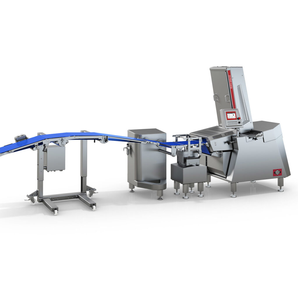 REX RBF 125 burgerportioner met vacuümvuller en transportband voor het automatisch vormen en portioneren van hamburgers.