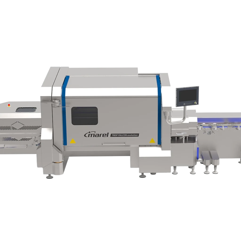 Marel TREIF FALCON evolution industriële snijmachine voor het nauwkeurig snijden en portioneren van vleesproducten.