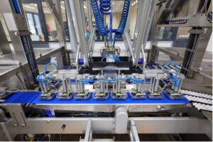 Automatische casepacker voor het verpakken van blauwe bessen binnen een AGF-verpakkingslijn.